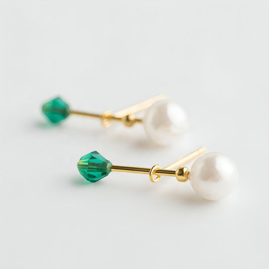 Pearl drop studs with green detail